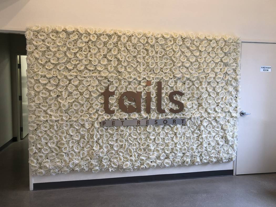 A floral sign near the front entrance of Tails Pet Resorts. (Bailey Schulz/Las Vegas Review-Journal)