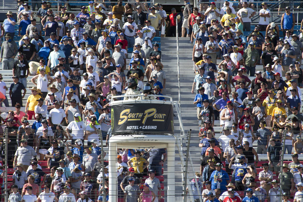 Race fans watch the South Point 400 NASCAR Cup Series auto race at the Las Vegas Motor Speedway in Las Vegas on Sunday, Sept. 16, 2018. Richard Brian Las Vegas Review-Journal @vegasphotograph