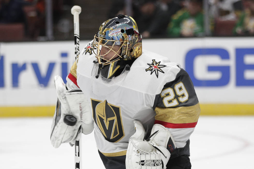 Vegas Golden Knights goaltender Marc-Andre Fleury makes a save during the second period of the team's NHL hockey game against the Anaheim Ducks on Friday, March 1, 2019, in Anaheim, Calif. (AP Pho ...