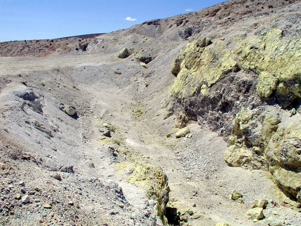 Mineral deposits color the hills at the Crater Mine in an undated photo from Death Valley National Park. Congress just voted to add the old sulfur mine to the park. National Park Service