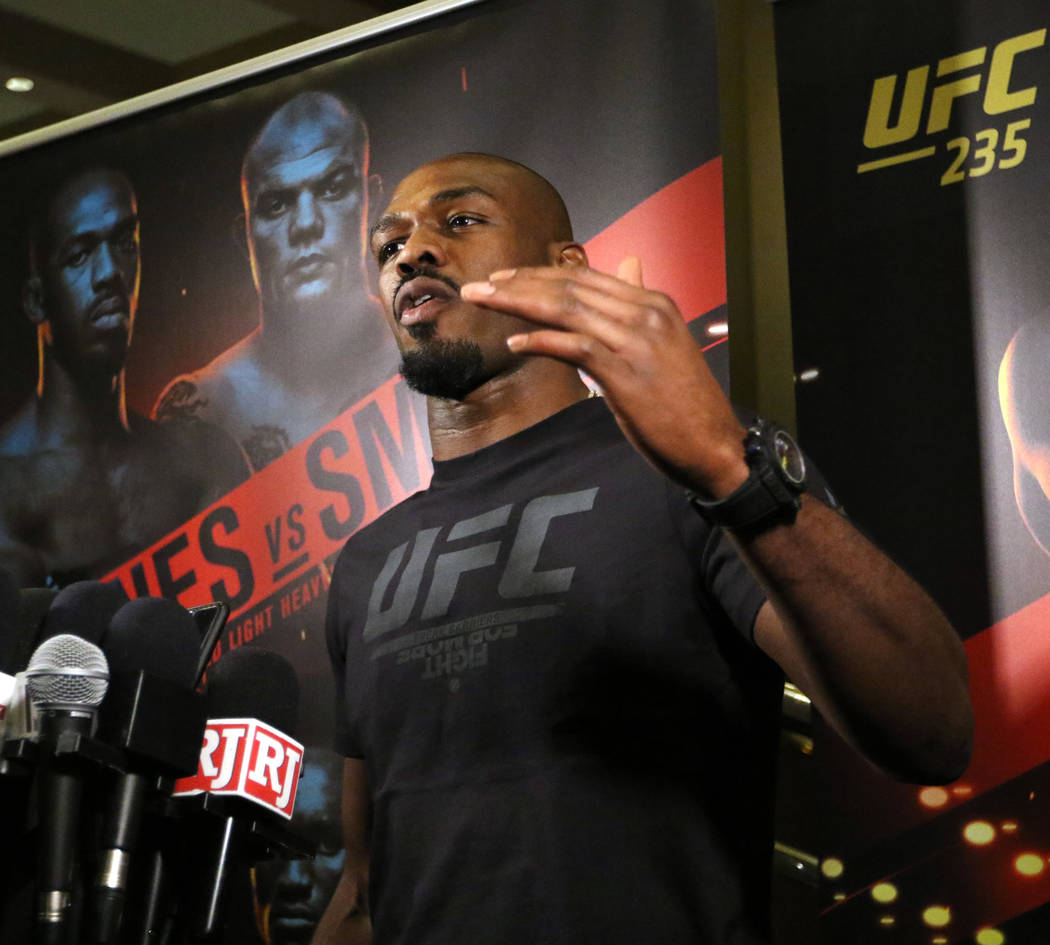 UFC light heavyweight champion Jon Jones answers questions from the media during UFC 235 open workouts at the MGM Grand hotel-casino in Las Vegas, Thursday, Feb. 28, 2019. (Heidi Fang /Las Vegas R ...