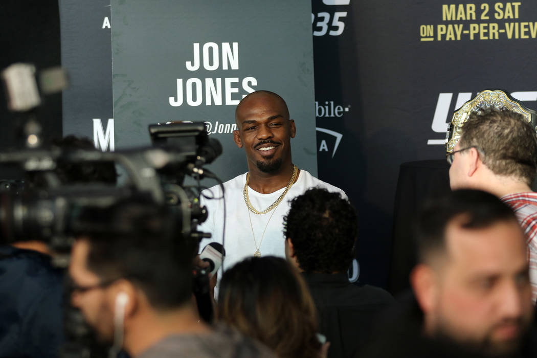 UFC light heavyweight champion Jon Jones is interviewed during UFC 235 media day at the T-Mobile Arena in Las Vegas, Wednesday, Feb. 27, 2019. (Heidi Fang /Las Vegas Review-Journal) @HeidiFang
