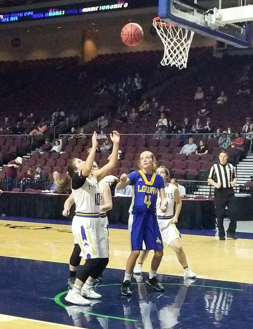 Moapa Valley's Peyton Schraft looks to grab a rebound in the Class 3A state semifinals at Orleans Arena on Friday, March 1, 2019. The Pirates won 43-38. (Damon Seiters/Las Vegas Review-Journal)