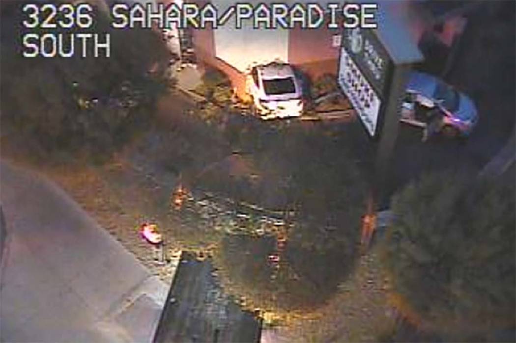 A car crashed into the wall of a Starbucks in its drive-thru lane at Sahara Avenue and Paradise Road, Friday, March 1, 2019. (RTC Camera)