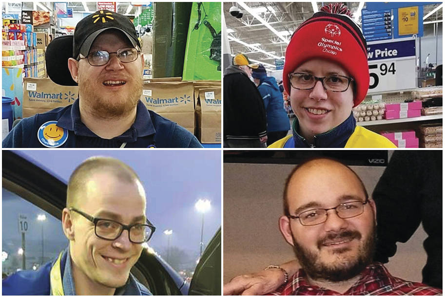 This combination of images shows Walmart greeters, clockwise from top left, John Combs in Vancouver, Wash., Ashley Powell in Galena, Ill., Mitchell Hartzell in Hazel Green, Ala., and Adam Catlin i ...