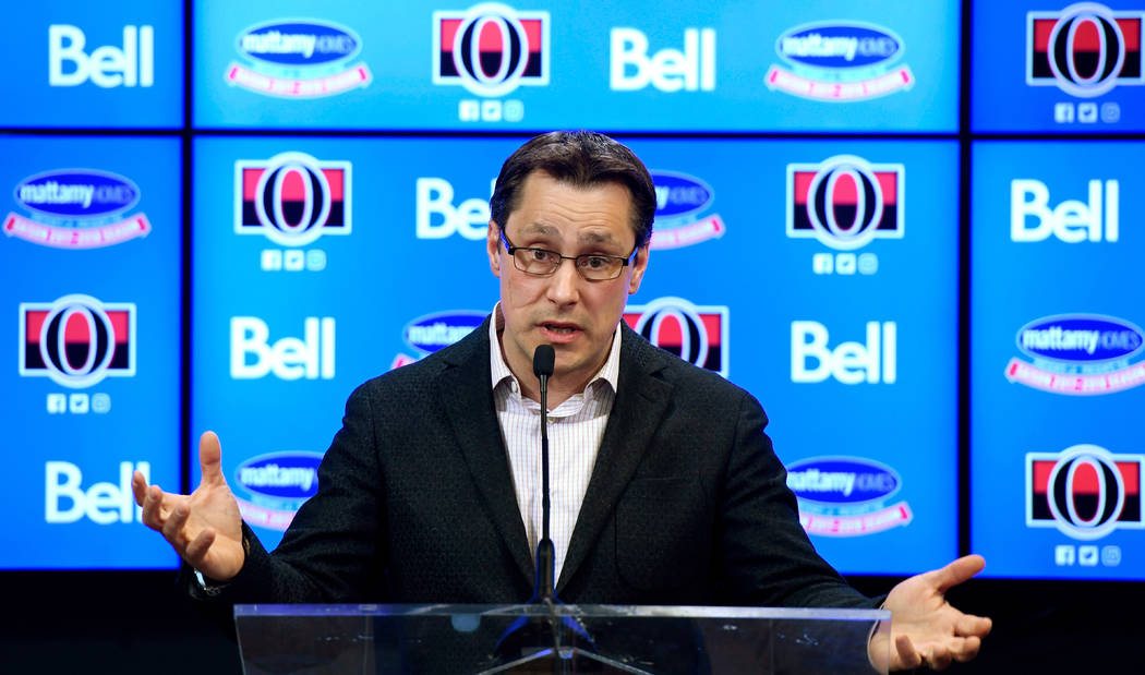 Ottawa Senators head coach Guy Boucher speaks during an end of season NHL hockey press conference in Ottawa on April 9, 2018. (Justin Tang/The Canadian Press via AP, File)