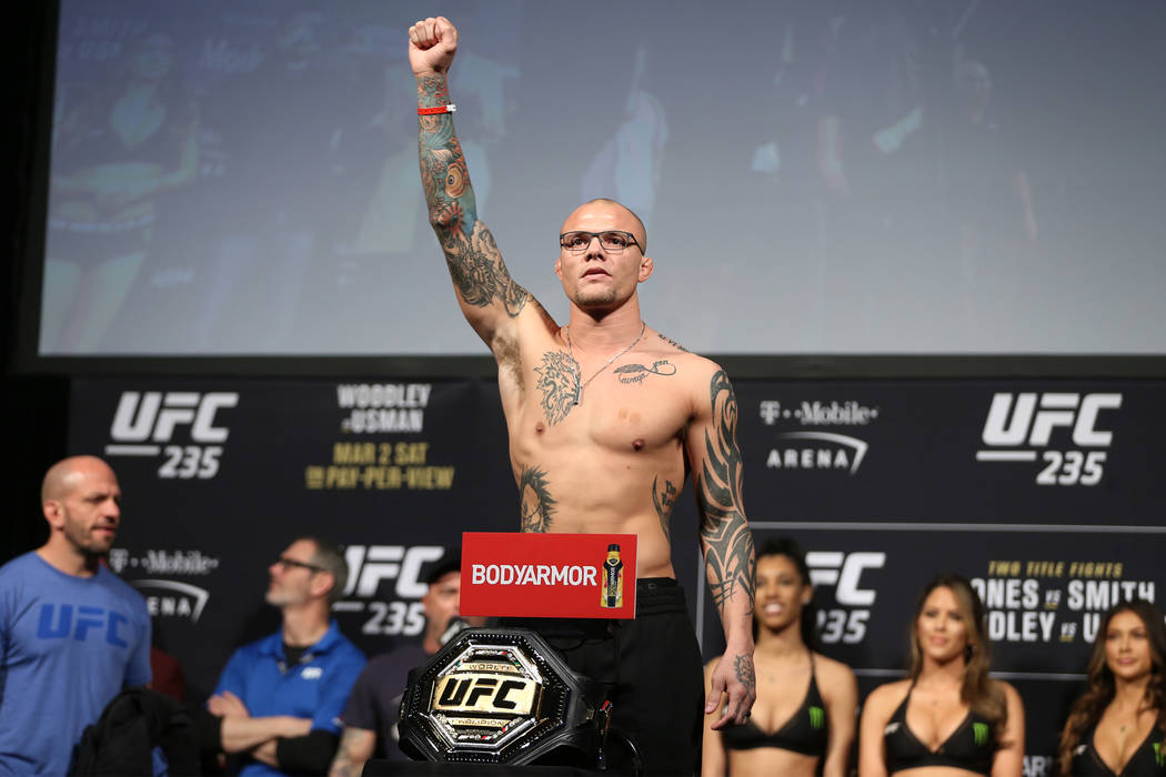 Anthony Smith poses during the ceremonial UFC 235 weigh-in event at T-Mobile Arena in Las Vegas, Friday, March 1, 2019. (Erik Verduzco/Las Vegas Review-Journal) @Erik_Verduzco