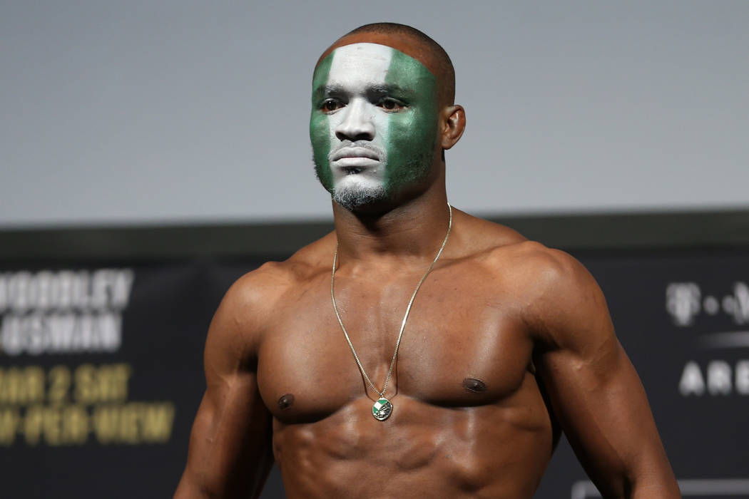 Kamaru Usman poses during the ceremonial UFC 235 weigh-in event at T-Mobile Arena in Las Vegas, Friday, March 1, 2019. (Erik Verduzco/Las Vegas Review-Journal) @Erik_Verduzco