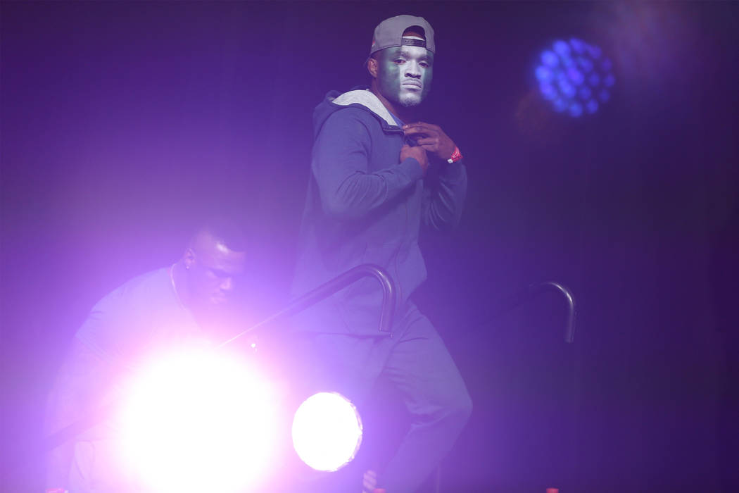 Kamaru Usman takes the stage during the ceremonial UFC 235 weigh-in event at T-Mobile Arena in Las Vegas, Friday, March 1, 2019. (Erik Verduzco/Las Vegas Review-Journal) @Erik_Verduzco