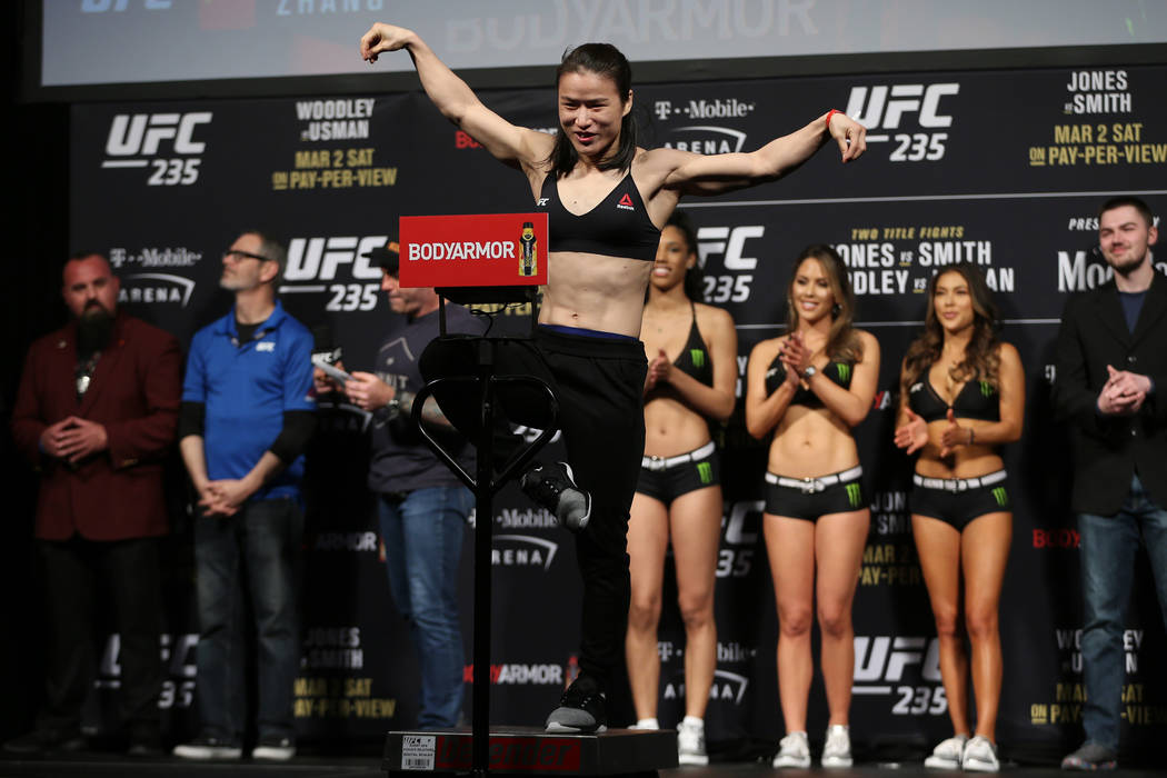 Weili Zhang poses during the ceremonial UFC 235 weigh-in event at T-Mobile Arena in Las Vegas, Friday, March 1, 2019. (Erik Verduzco/Las Vegas Review-Journal) @Erik_Verduzco