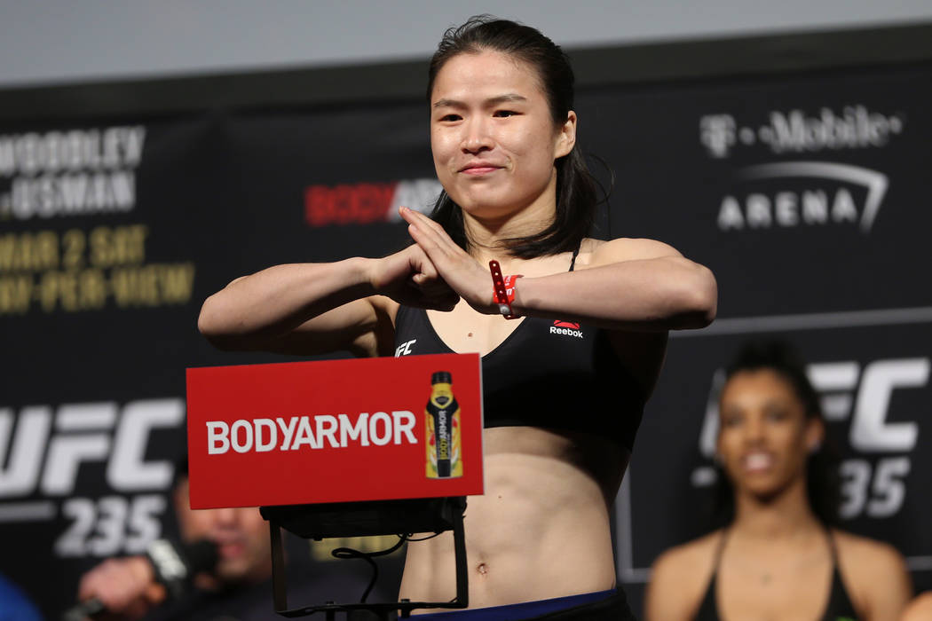 Weili Zhang poses during the ceremonial UFC 235 weigh-in event at T-Mobile Arena in Las Vegas, Friday, March 1, 2019. (Erik Verduzco/Las Vegas Review-Journal) @Erik_Verduzco
