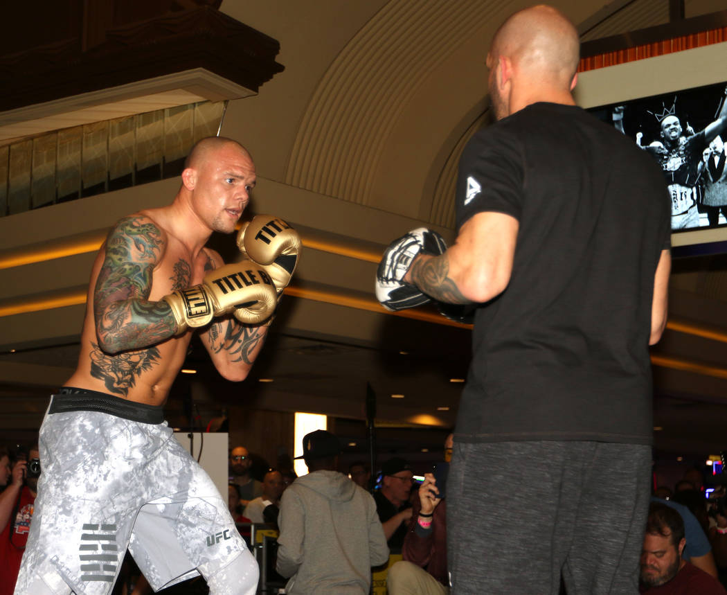 UFC light heavyweight Anthony Smith hits mitts at UFC 235 open workouts at the MGM Grand hotel-casino in Las Vegas, Thursday, Feb. 28, 2019. (Heidi Fang /Las Vegas Review-Journal) @HeidiFang