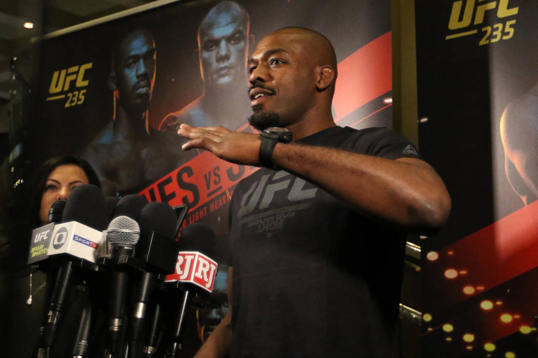 UFC light heavyweight champion Jon Jones answers questions from the media during UFC 235 open workouts at the MGM Grand hotel-casino in Las Vegas, Thursday, Feb. 28, 2019. (Heidi Fang /Las Vegas R ...