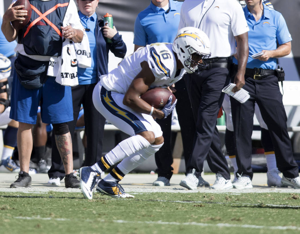 Los Angeles Chargers wide receiver Tyrell Williams (16) catches a pass during the first half of their game against the Oakland Raiders in Oakland, Calif., Sunday, Oct. 15, 2017. Heidi Fang Las Veg ...