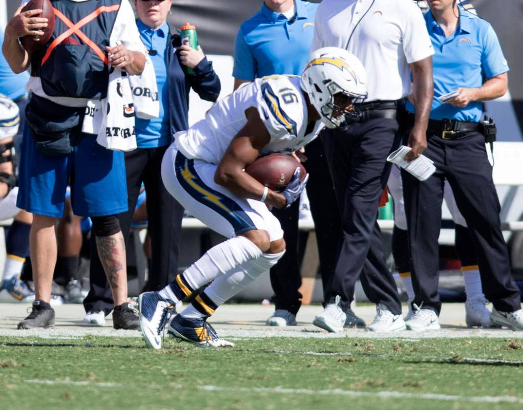 Los Angeles Chargers wide receiver Tyrell Williams (16) catches a pass during the first half of their game against the Oakland Raiders in Oakland, Calif., Sunday, Oct. 15, 2017. Heidi Fang Las Veg ...