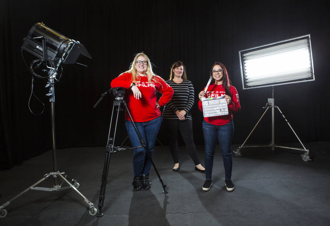 UNLV film students Nicolle Peterson, left, and Lily Campisi, right, with professor and advisor Brett Levner at Light Forge Studios in Las Vegas on Wednesday, Feb. 27, 2019. The two students are to ...