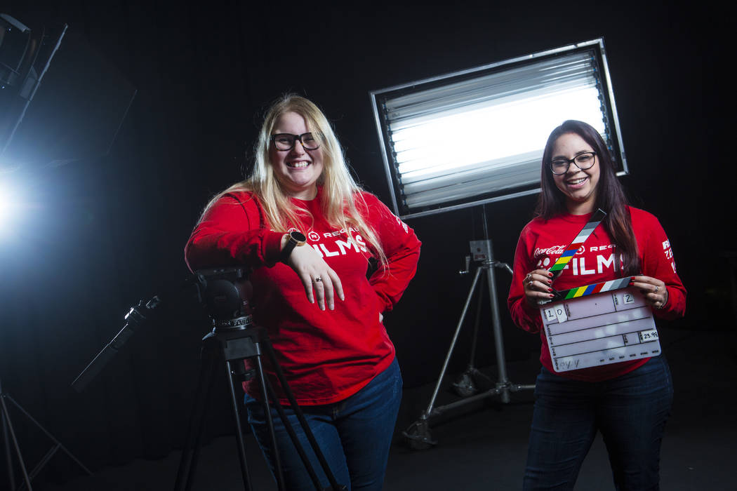 UNLV film students Nicolle Peterson, left, and Lily Campisi at Light Forge Studios in Las Vegas on Wednesday, Feb. 27, 2019. The two students are top-five finalists in the Coca-Cola Regal Films Co ...