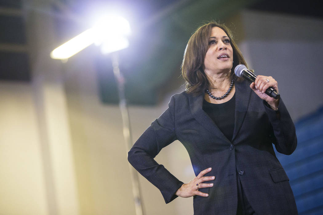 U.S. Sen. Kamala Harris, D-Calif., a Democratic presidential hopeful, speaks during a campaign rally at Canyon Springs High School in North Las Vegas on Friday, March 1, 2019. (Chase Stevens/Las V ...