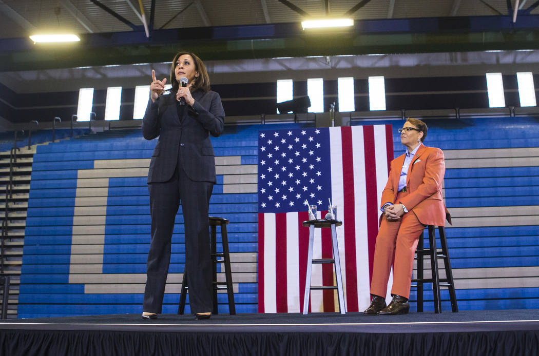 U.S. Sen. Kamala Harris, D-Calif., a Democratic presidential hopeful, speaks alongside state Sen. Pat Spearman, D-North Las Vegas, during a campaign rally at Canyon Springs High School in North La ...