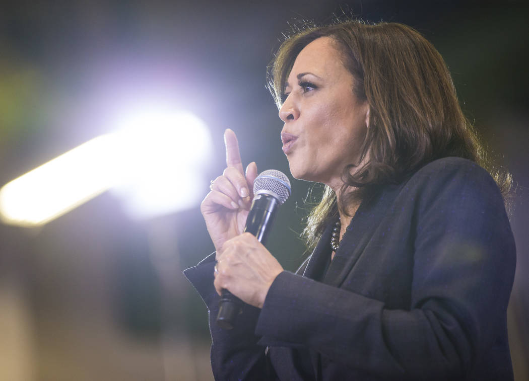 U.S. Sen. Kamala Harris, D-Calif., a Democratic presidential hopeful, speaks during a campaign rally at Canyon Springs High School in North Las Vegas on Friday, March 1, 2019. (Chase Stevens/Las V ...