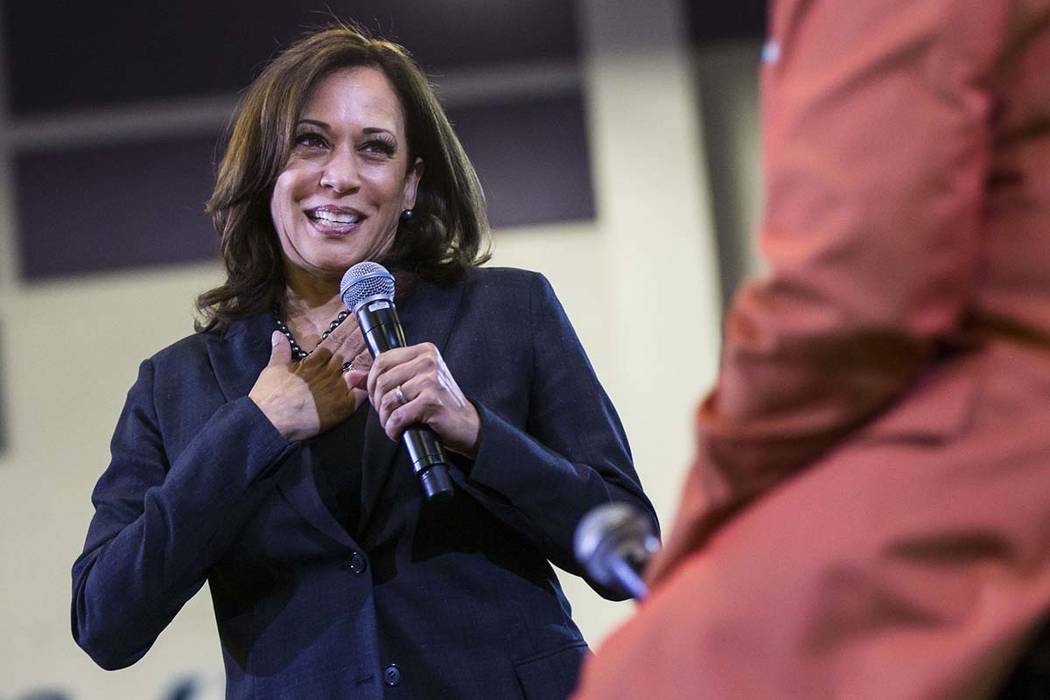 U.S. Sen. Kamala Harris, D-Calif., a Democratic presidential hopeful, left, is joined by state Sen. Pat Spearman, D-North Las Vegas, during a campaign rally at Canyon Springs High School in North ...