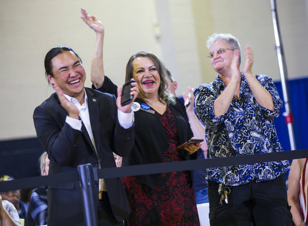 Supporters cheer as U.S. Sen. Kamala Harris, D-Calif., a Democratic presidential hopeful, not pictured, speaks during a campaign rally at Canyon Springs High School in North Las Vegas on Friday, M ...