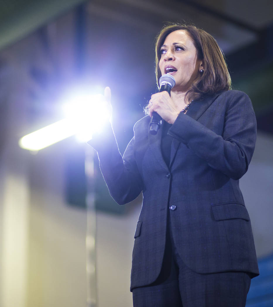 U.S. Sen. Kamala Harris, D-Calif., a Democratic presidential hopeful, speaks during a campaign rally at Canyon Springs High School in North Las Vegas on Friday, March 1, 2019. (Chase Stevens/Las V ...