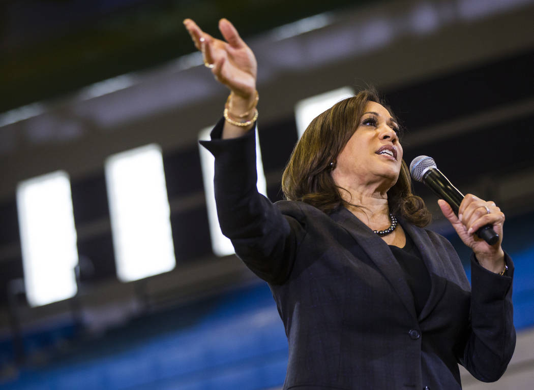 U.S. Sen. Kamala Harris, D-Calif., a Democratic presidential hopeful, speaks during a campaign rally at Canyon Springs High School in North Las Vegas on Friday, March 1, 2019. (Chase Stevens/Las V ...