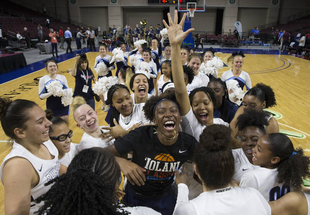 Centennial celebrates after beating Bishop Gorman 78-47 to win the Class 4A girls state championship on Friday, March 1, 2019, at Orleans Arena, in Las Vegas. (Benjamin Hager Review-Journal) @Benj ...