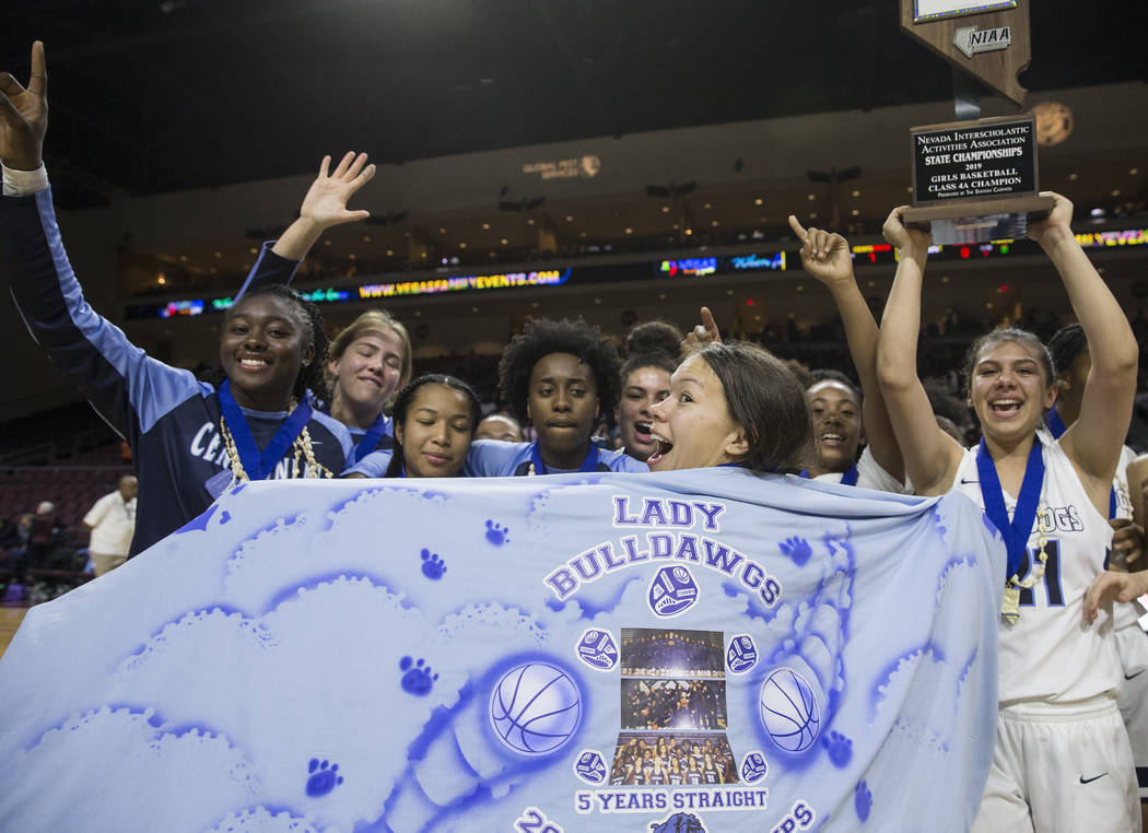 Centennial celebrates after beating Bishop Gorman 78-47 to win the Class 4A girls state championship on Friday, March 1, 2019, at Orleans Arena, in Las Vegas. (Benjamin Hager Review-Journal) @Benj ...