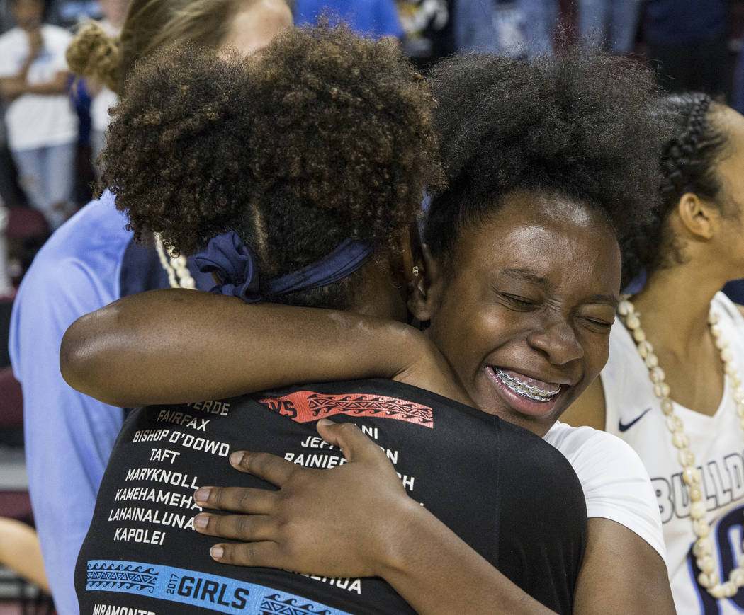 Centennial celebrates after beating Bishop Gorman 78-47 to win the Class 4A girls state championship on Friday, March 1, 2019, at Orleans Arena, in Las Vegas. (Benjamin Hager Review-Journal) @Benj ...