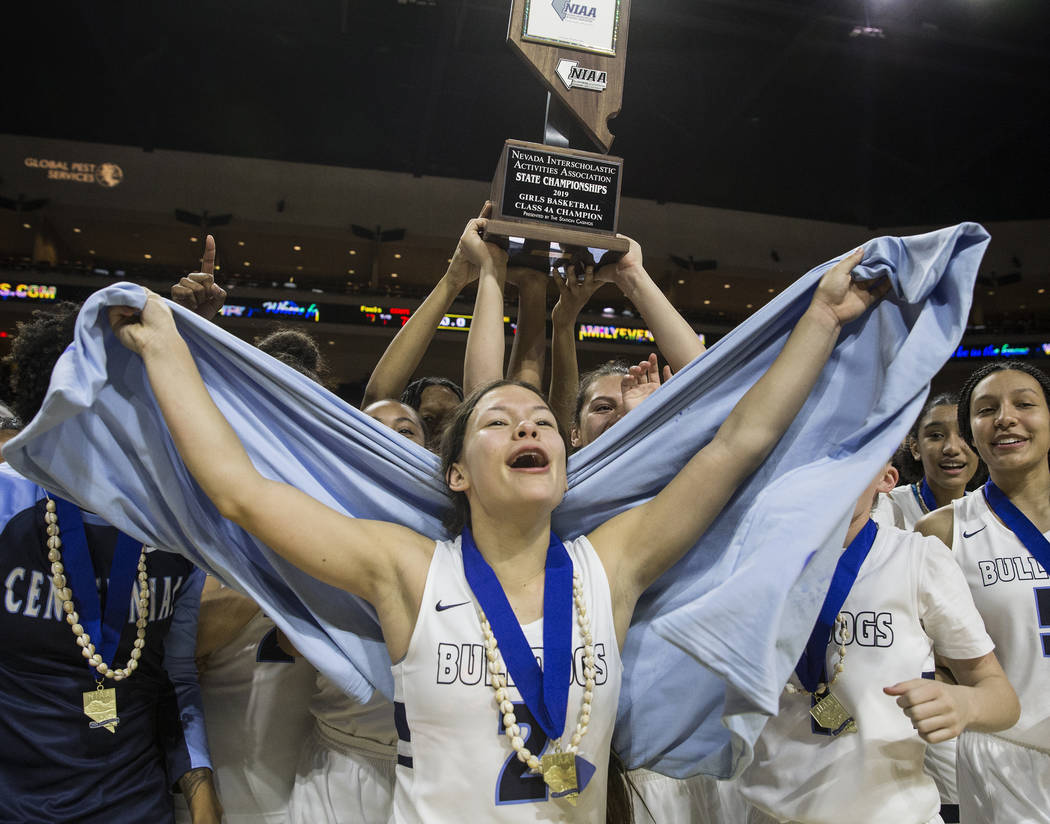 Centennial celebrates after beating Bishop Gorman 78-47 to win the Class 4A girls state championship on Friday, March 1, 2019, at Orleans Arena, in Las Vegas. (Benjamin Hager Review-Journal) @Benj ...