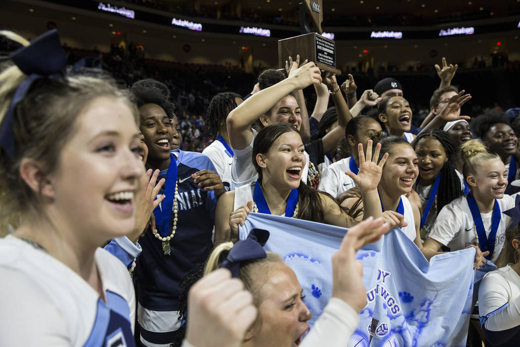 Centennial celebrates after beating Bishop Gorman 78-47 to win the Class 4A girls state championship on Friday, March 1, 2019, at Orleans Arena, in Las Vegas. (Benjamin Hager Review-Journal) @Benj ...