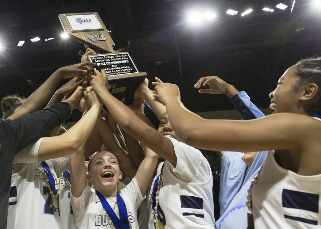 Centennial celebrates after beating Bishop Gorman 78-47 to win the Class 4A girls state championship on Friday, March 1, 2019, at Orleans Arena, in Las Vegas. (Benjamin Hager Review-Journal) @Benj ...