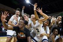Centennial celebrates after beating Bishop Gorman 78-47 to win the Class 4A girls state championship on Friday, March 1, 2019, at Orleans Arena, in Las Vegas. (Benjamin Hager Review-Journal) @Benj ...