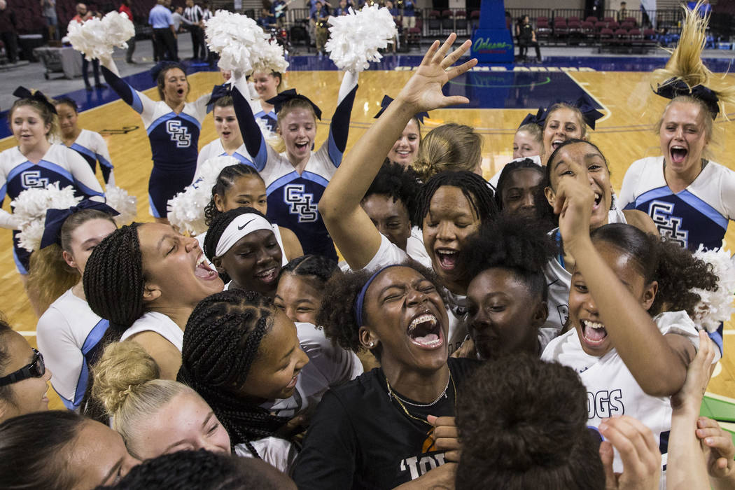 Centennial celebrates after beating Bishop Gorman 78-47 to win the Class 4A girls state championship on Friday, March 1, 2019, at Orleans Arena, in Las Vegas. (Benjamin Hager Review-Journal) @Benj ...