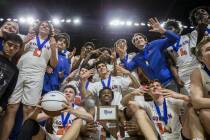 Bishop Gorman celebrates after beating Clark 68-60 to win the Class 4A boys state championship on Friday, March 1, 2019, at Orleans Arena, in Las Vegas. (Benjamin Hager Review-Journal) @BenjaminHphoto
