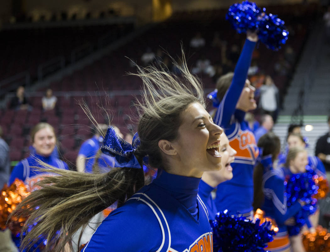 Bishop Gorman cheerleaders fire up the Gaels in the fourth quarter during the Class 4A boys state championship game with Clark on Friday, March 1, 2019, at Orleans Arena, in Las Vegas. (Benjamin H ...