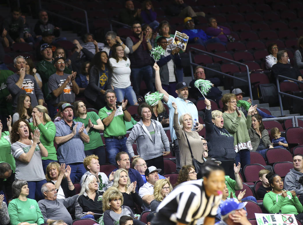 Churchill County fans cheer during the second half of the Class 3A girls basketball state championship game against Moapa Valley at the Orleans Arena in Las Vegas on Saturday, March 2, 2019. (Chas ...