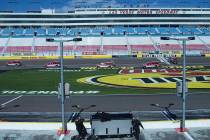 The track at Las Vegas Motor Speedway is dried after early morning showers delayed racing actiopn on Saturday, March 2, 2019, in Las Vegas. (Benjamin Hager Review-Journal) @BenjaminHphoto