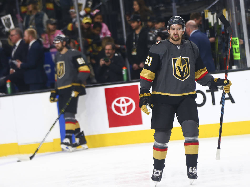 Golden Knights right wing Mark Stone (61) warms up before playing the Dallas Stars in an NHL hockey game at T-Mobile Arena in Las Vegas on Tuesday, Feb. 26, 2019. (Chase Stevens/Las Vegas Review-J ...