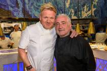 Star chefs Gordon Ramsay and Guy Savoy are shown at Hell's Kitchen's one-year anniversary party at Caesars Palace on Friday, March 1, 2019. (Caesars Entertainment)