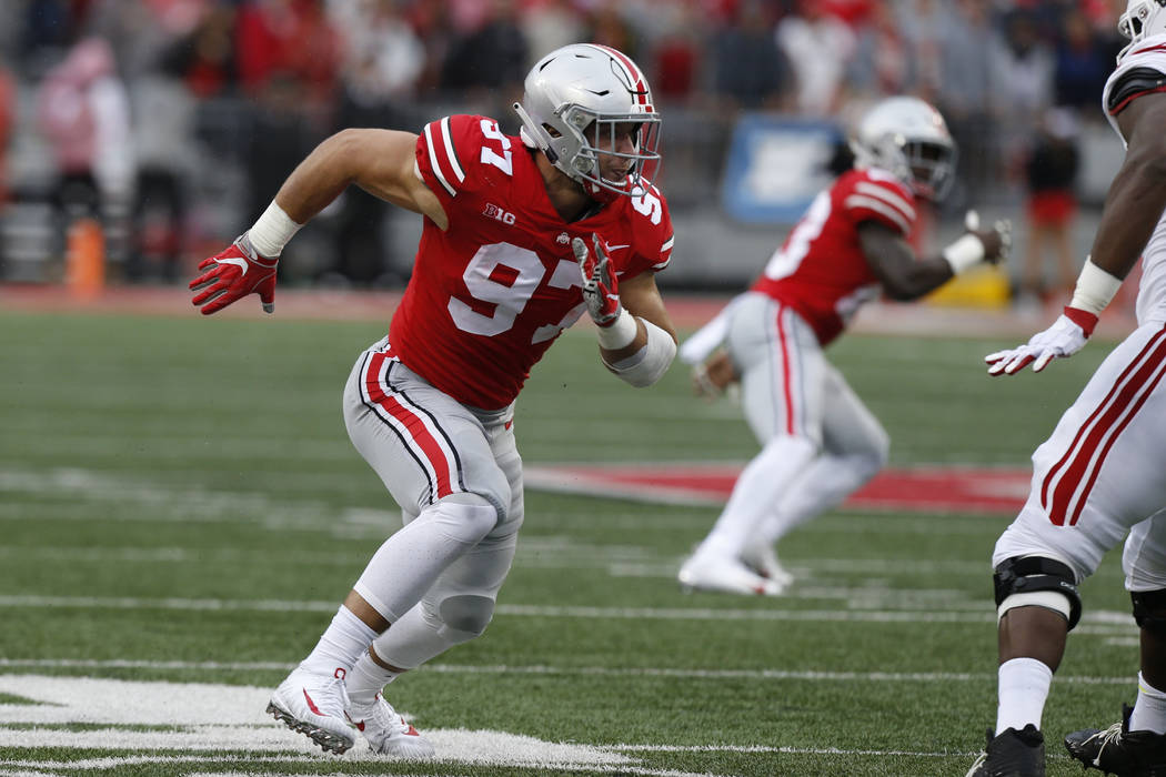 Ohio State defensive lineman Nick Bosa plays against Rutgers during an NCAA college football game Saturday, Sept. 8, 2018, in Columbus, Ohio. (AP Photo/Jay LaPrete)