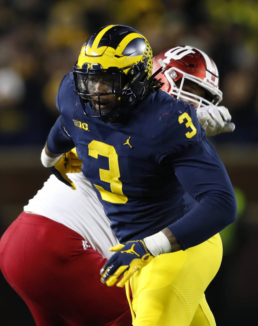 Michigan defensive lineman Rashan Gary rushes against Indiana in the second half of an NCAA college football game in Ann Arbor, Mich., Saturday, Nov. 17, 2018. (AP Photo/Paul Sancya)