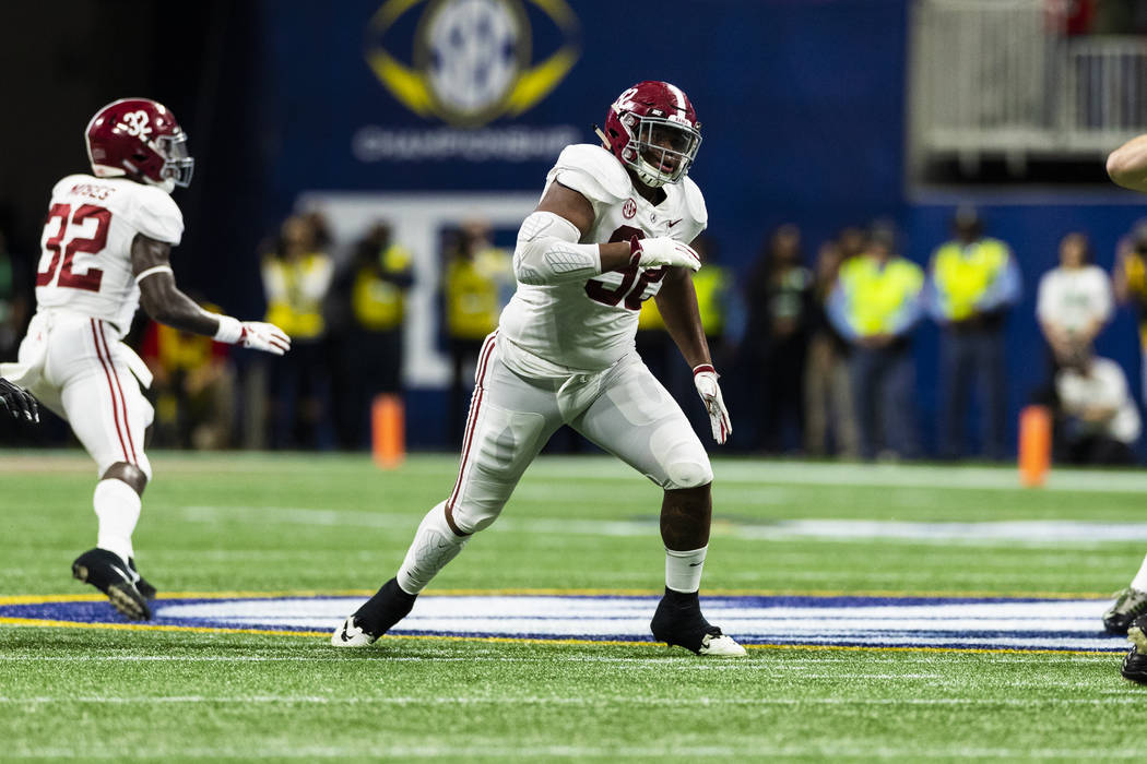 Alabama Crimson Tide defensive lineman Quinnen Williams (92) during the Southeastern Conference Championship NCAA college football game against the Georgia Bulldogs on Saturday, Dec. 1, 2018 in At ...