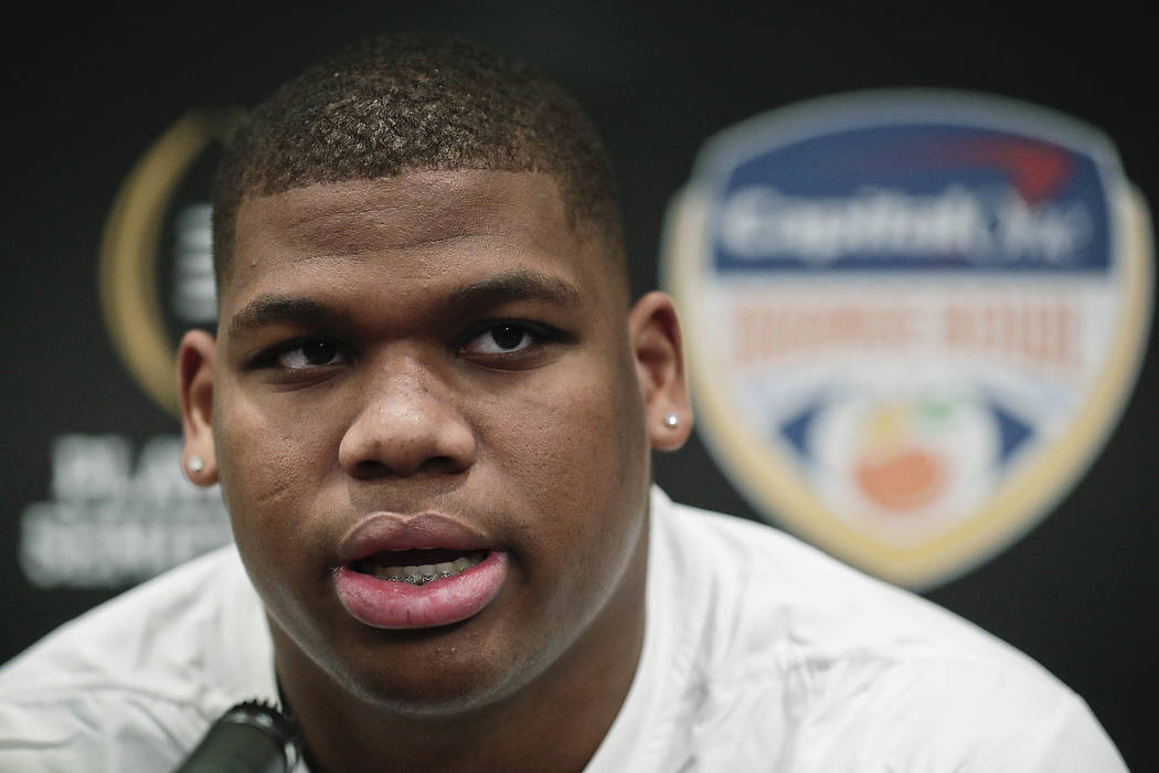 Alabama defensive lineman Quinnen Williams speaks during an NCAA college football news conference on Wednesday, Dec. 26, 2018, in Fort Lauderdale, Fla. Alabama plays Oklahoma in the Orange Bowl se ...