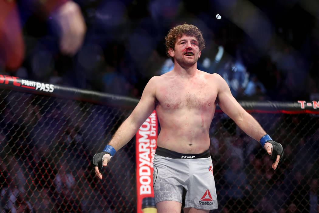 Ben Askren reacts after his submission win against Robbie Lawler in the first round of the welterweight bout during UFC 235 at T-Mobile Arena in Las Vegas, Saturday, March 2, 2019. (Erik Verduzco/ ...
