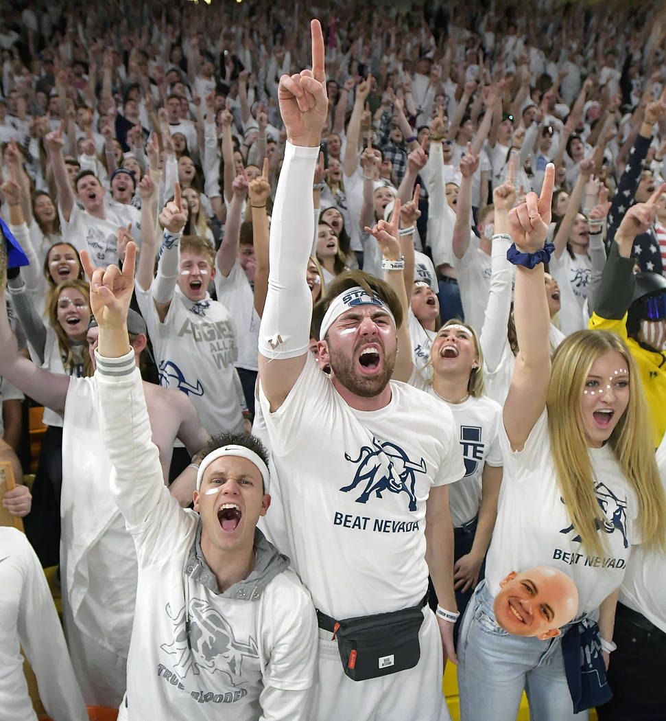 Utah State students cheer during the team's NCAA college basketball game against Nevada on Saturday, March 2, 2019, in Logan, Utah. (Eli Lucero/The Herald Journal via AP)