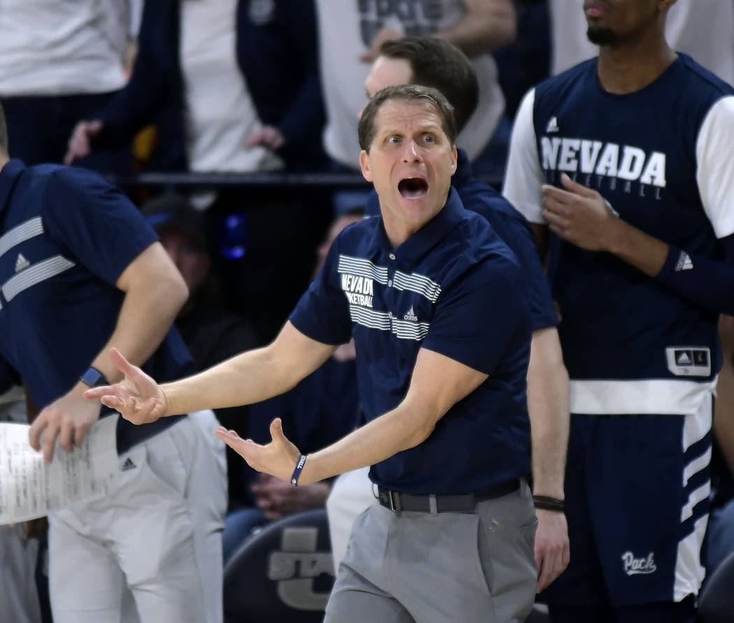 Nevada head coach Eric Musselman disagrees with a call during the team's NCAA college basketball game against Utah State on Saturday, March 2, 2019, in Logan, Utah. (Eli Lucero/The Herald Journal ...