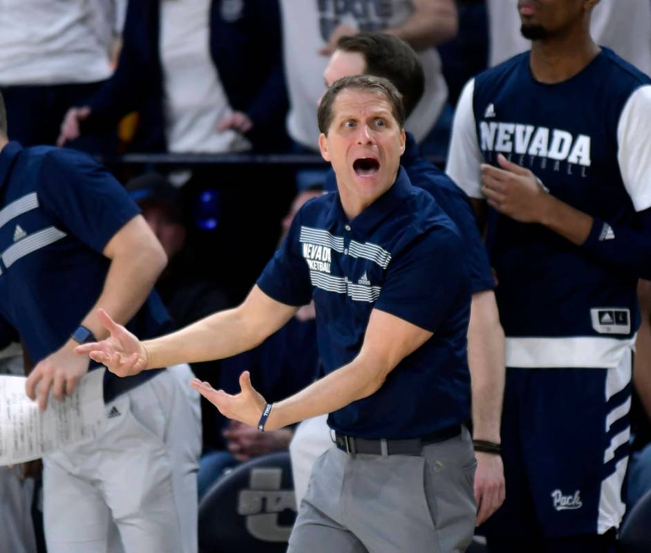 Nevada head coach Eric Musselman disagrees with a call during the team's NCAA college basketball game against Utah State on Saturday, March 2, 2019, in Logan, Utah. (Eli Lucero/The Herald Journal ...